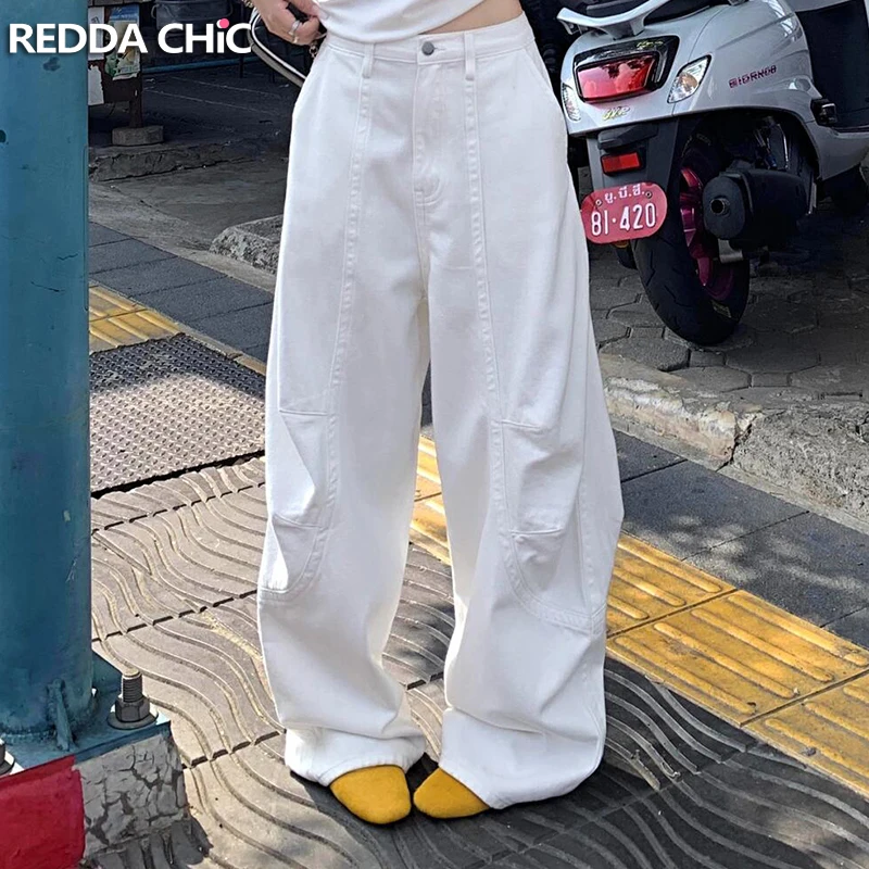 REDDACHIC الرجال الرجعية الأبيض برميل فضفاض الجينز عادية فضفاض منخفضة الخصر جيوب غرزة كلينفيت واسعة الساق الدنيم السراويل البضائع عمال