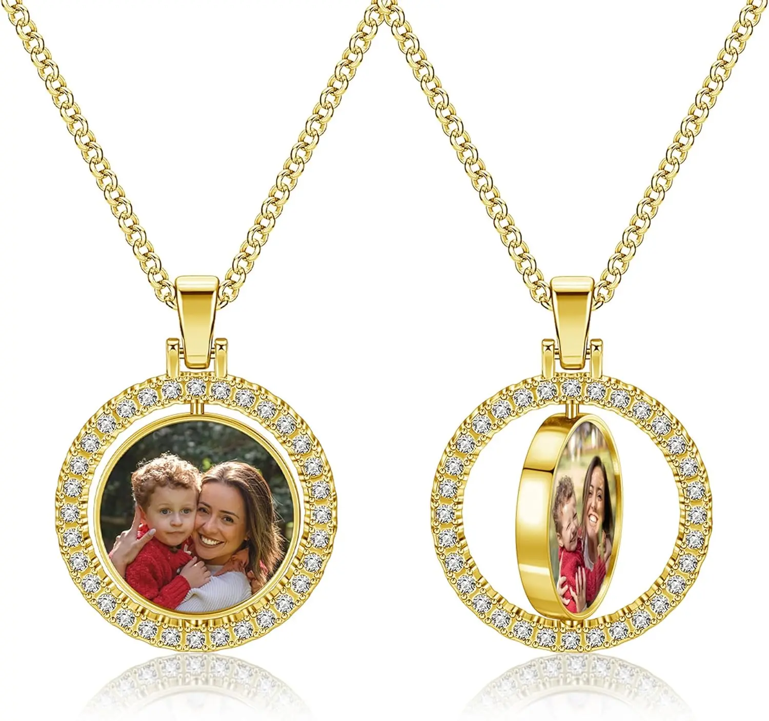 

Customized Double-Side Photo Necklace Custom Picture Pendant Chain Personalized Cubic Zircon Hip Hop Jewelry Gift for Men Women