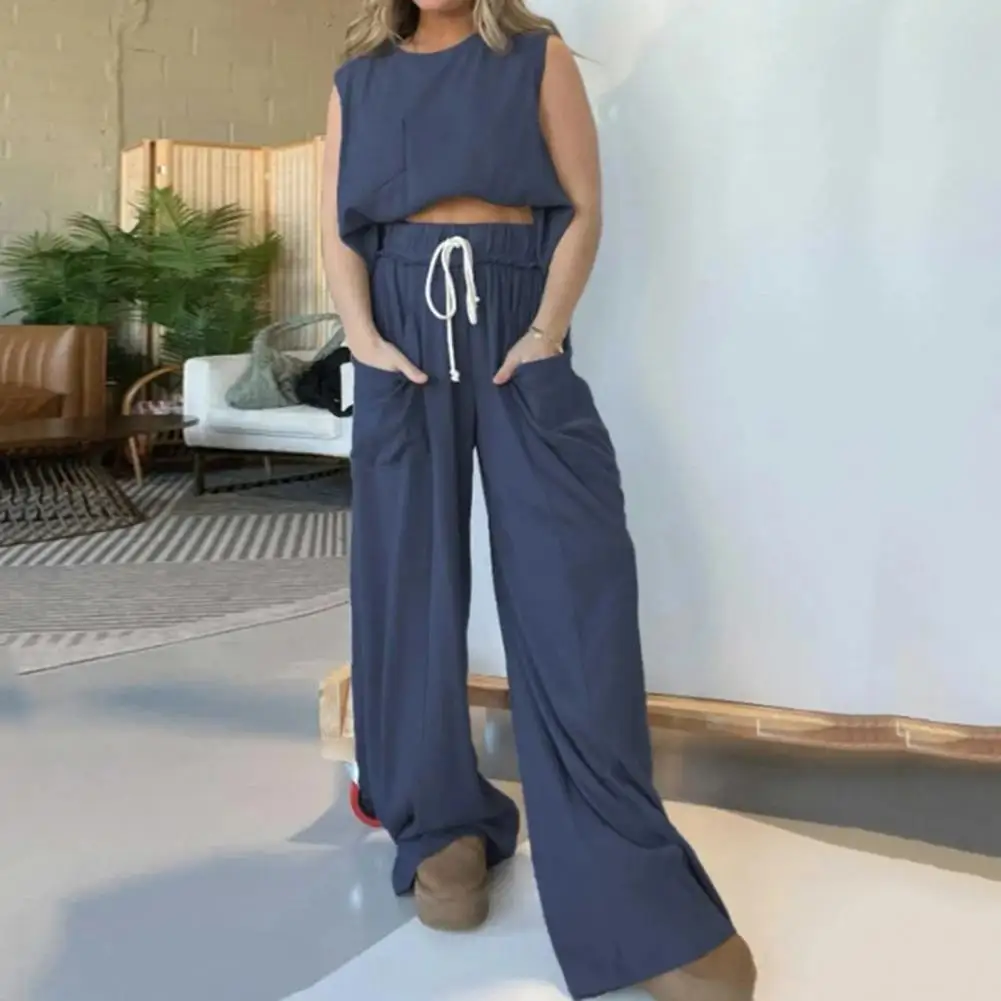 Women Two-piece Suit Round Neck Sleeveless T-shirt Full Length Wide Leg Pants Matching Set Summer Outfit Casual LadyTracksuit