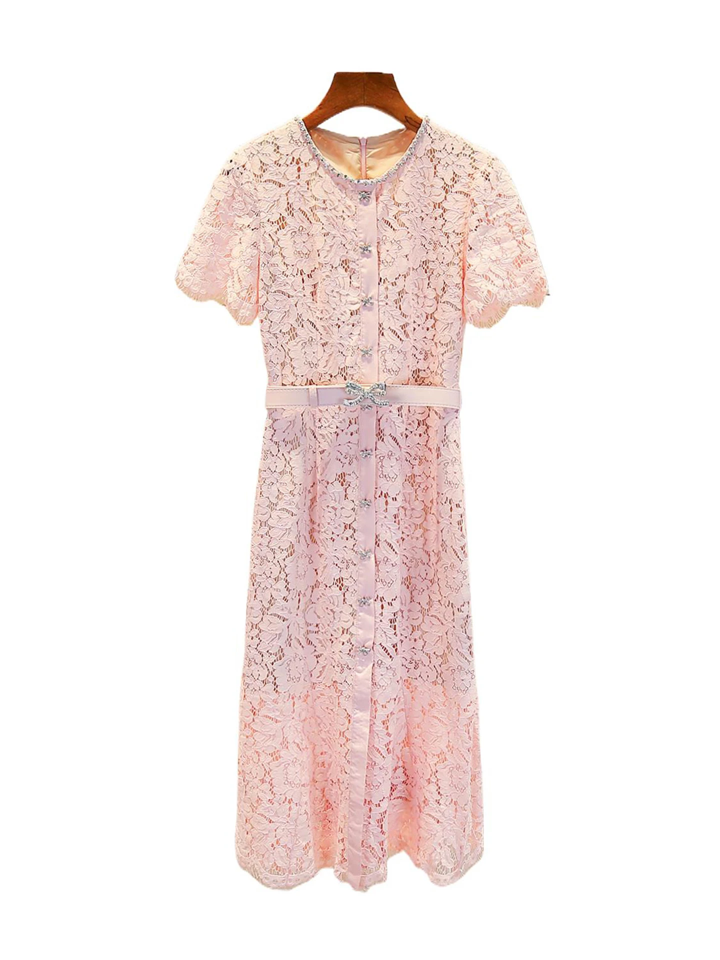 

Pink Knot Lace Dr High Waist Fi Tail Silken Material Commute Sle ort Sve round Ne mid Length Skirt