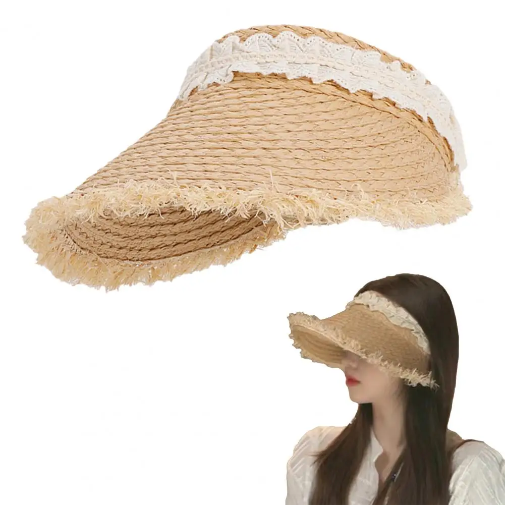 

Casual Straw Sun Hat Material Rollable Straw Beach Hat Stylish Wide Brim Straw Beach Hat with Tassel Lace for Summer