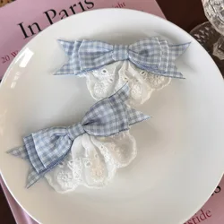 Blue Plaid Lace Bow Hair Clips Girls Cute Sweet Duckbill Clip Party Hair Accessories