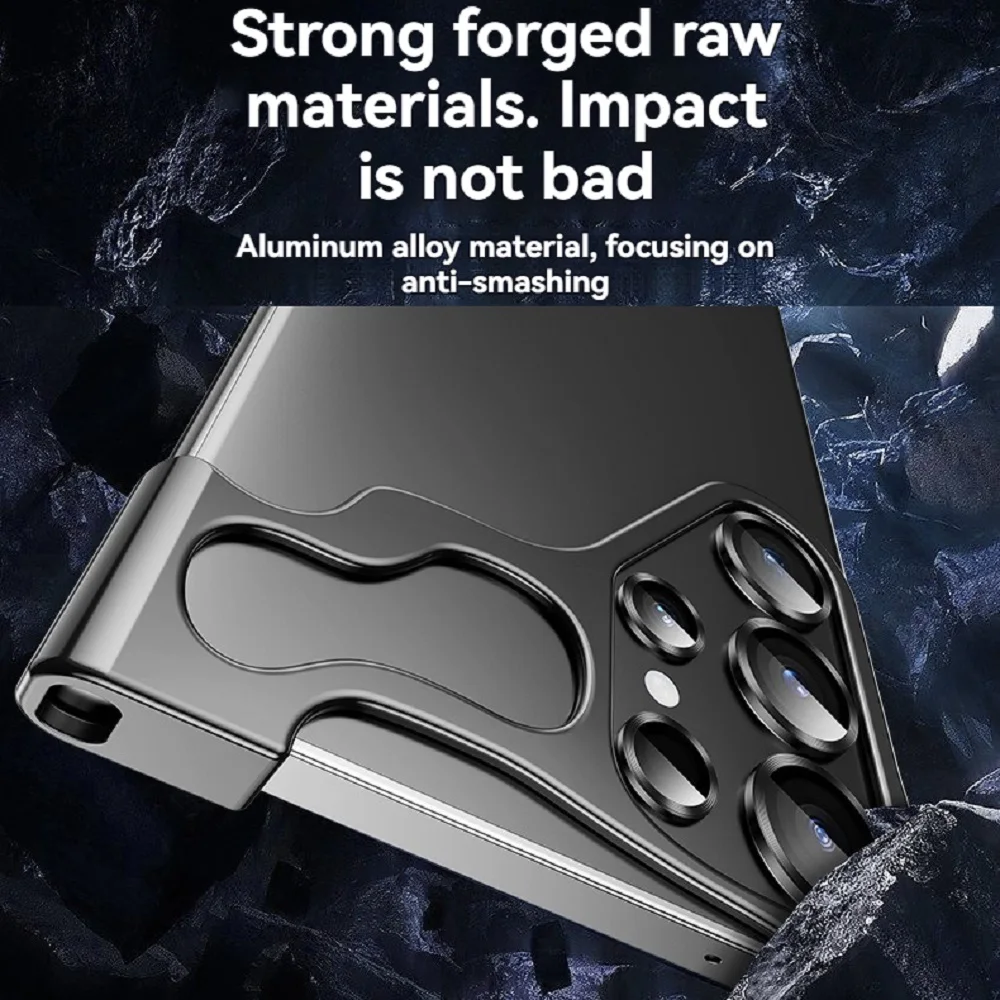 Alien Aluminium Alloy Bumper Phone Case For Samsung S23 S24 Plus Ultra Metal Lens Film Protection Corner Pads Cover Borderless