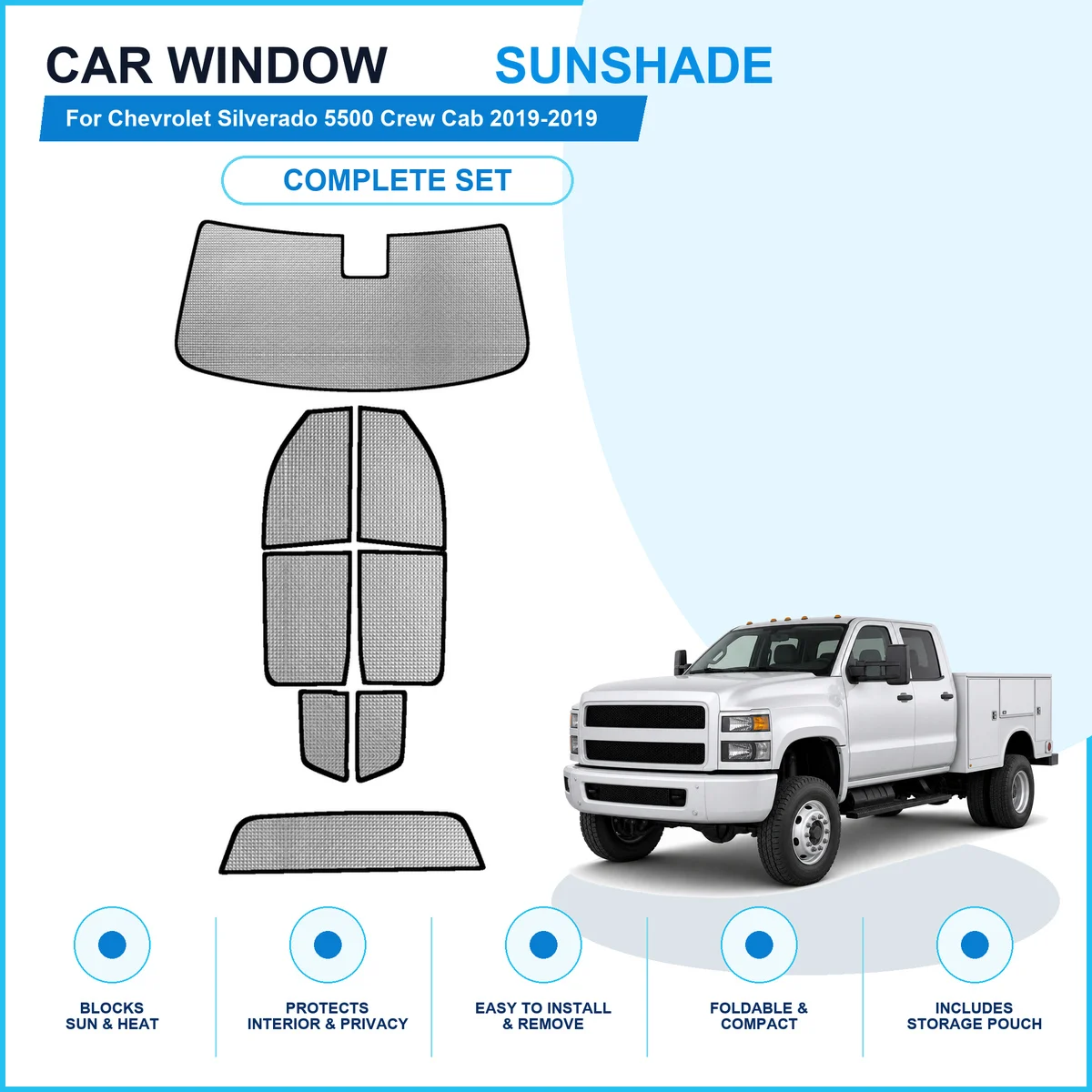 For Chevrolet Silverado 5500 Crew Cab 2019-2019 Custom Full Set Window Sunshades Aluminum Foil Suction Cup Anti UV Privacy