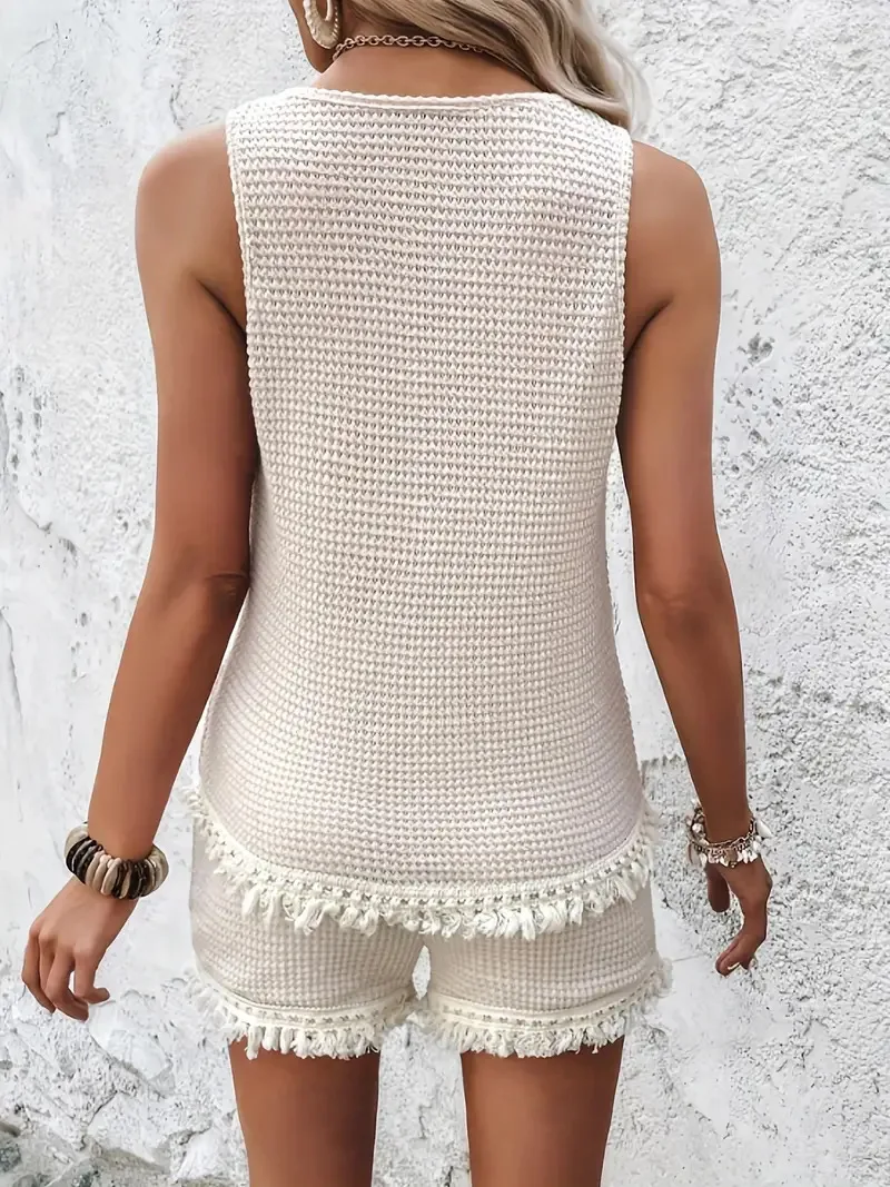 Holiday Style Casual Women's Set with Fashionable Short Sleeve Shorts Two Piece Sleeveless Round Neck Pullover