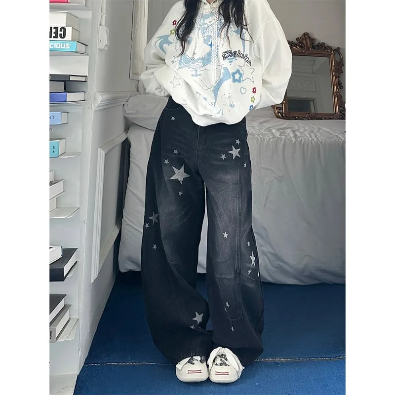 Women's Star Print Wide Leg Jeans Spring Autumn New American Style Loose Baggy Tapered Trousers Casual Streetwear Denim Pants