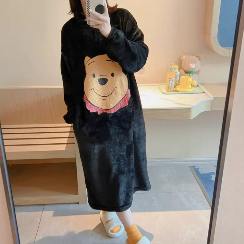 Cartoon Winnie the Pooh New Dress Casual Cotton Crew Neck Plush Dress One-piece Set Anime Peripheral Stitch Women's Pajamas