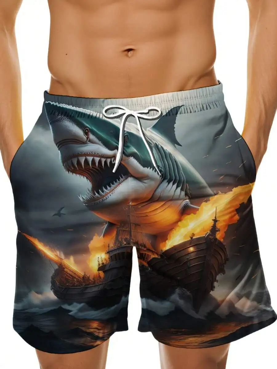 

Mens 3D Shark Attack Pirate Ship Graphic Print Beach Swim Trunks Summer Board Shorts