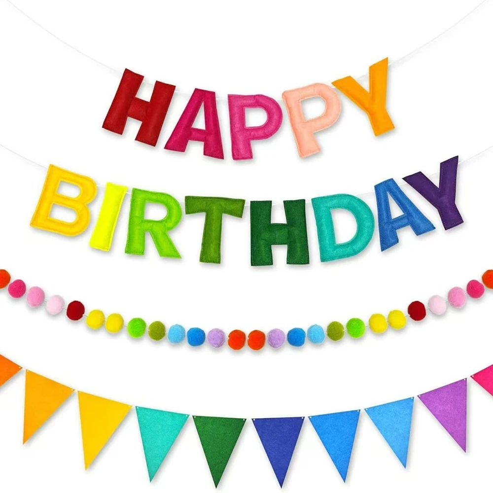 

Felt Colorful Happy Birthday Banner Set for Birthday Party Rainbow Fabric Garland with Pom Balls String Pull Flags Hanging Decor