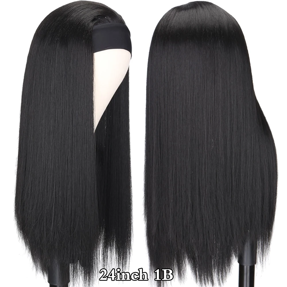 Bando lurus 20-30 inci Wig hitam/coklat/warna campuran Wig sintetis ikat kepala wanita untuk wanita Wig sintetis tahan panas