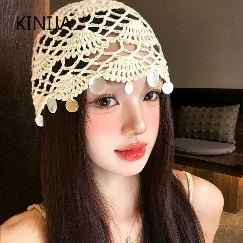 New Shell Disc Tassels Hand-woven Beanies Cap for Women Spring Summer Travel Breathable Versatile Elegant Retro Pullover Hats