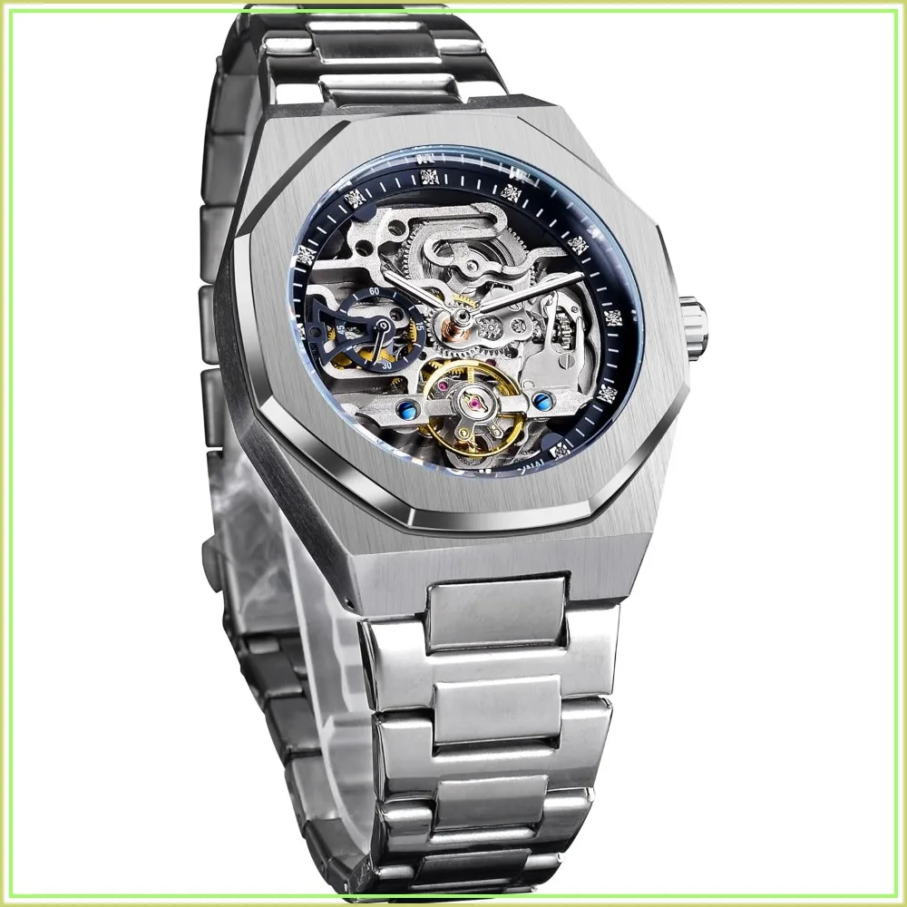 Vintage Automatic Mechanical Watch for Men - Big Dial, Luminous Moon Phase, Golden Hollow Tattoo Pattern, Self-Wind