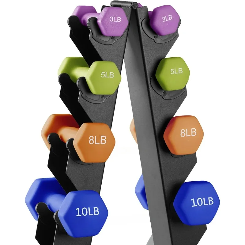 2, 3, 5, 8, and 10 Pound Neoprene Dumbbell Free Hand Weight Set with Rack, Ideal for Home Exercises to Gain Tone and Definition