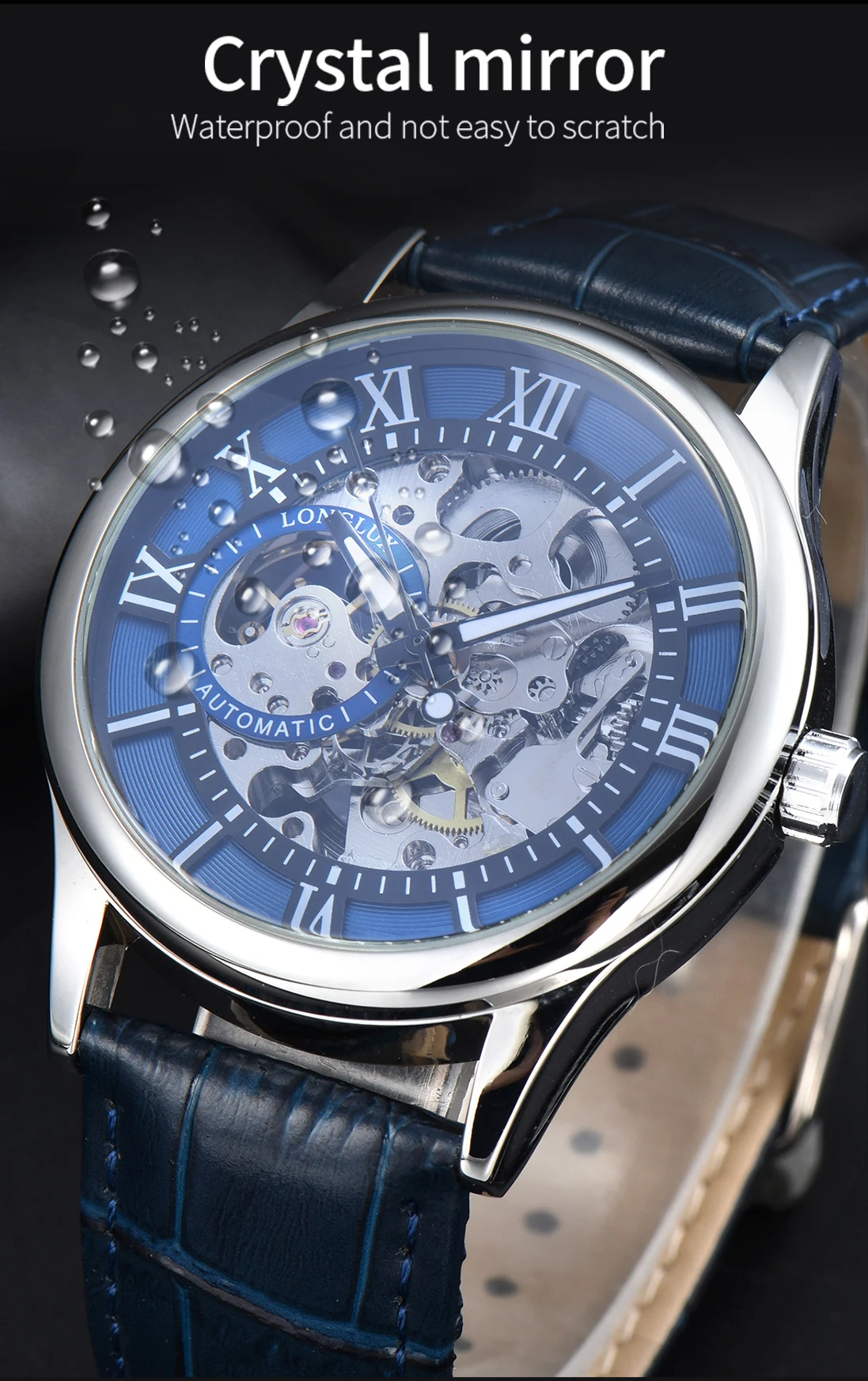 Herren-Automatikuhr, Luxuriöse Mechanische Uhr mit Römischen Ziffern, Wasserdicht, Skelett-Design, Nachleuchtend, Lederarmband, Herrenuhr, Ideal als Geschenk – Detail 7