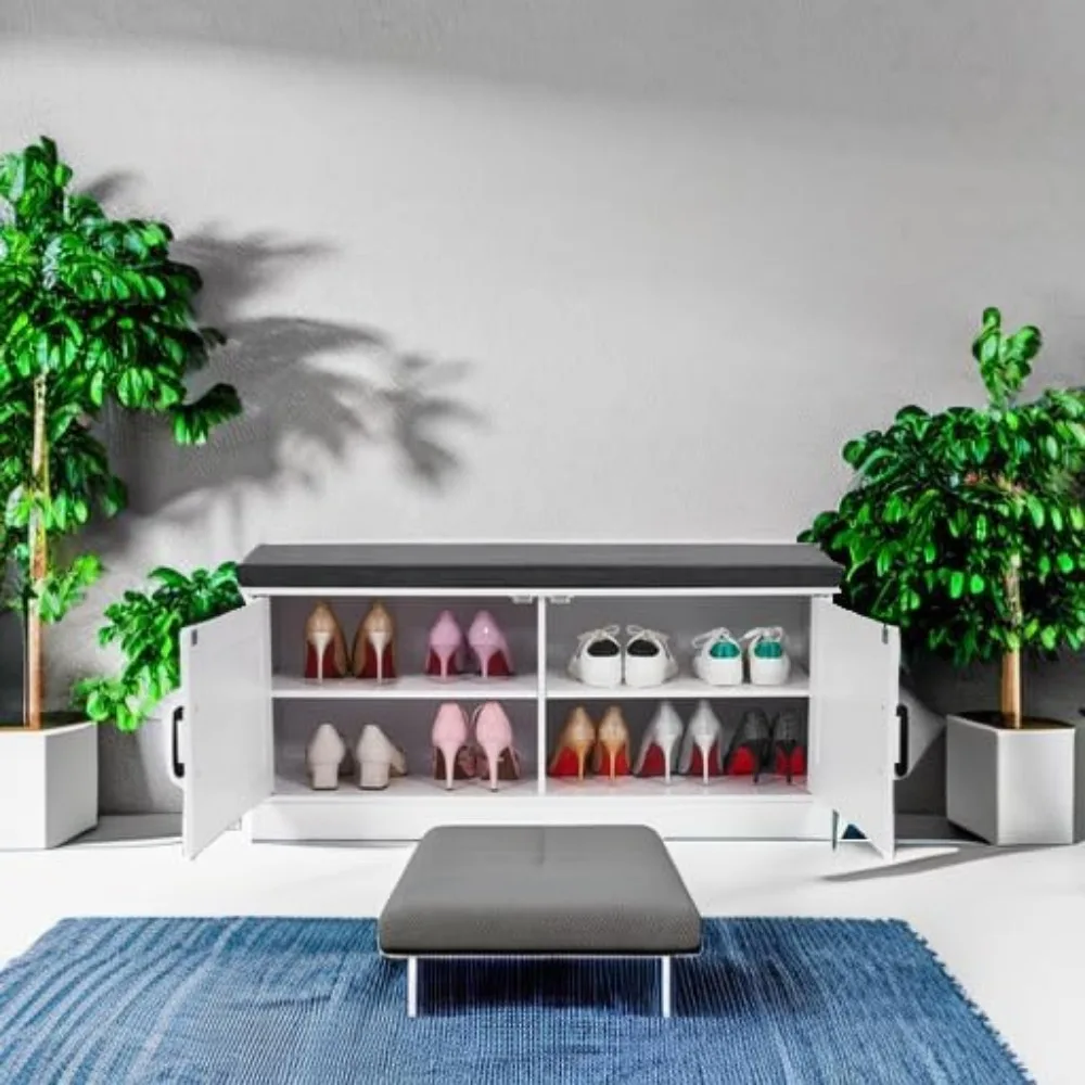 Panca portaoggetti bianca a 2 livelli con sedile imbottito, ripiano regolabile e ante di fienile per ingresso