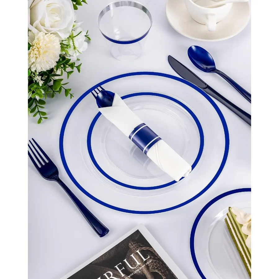 

350PCS Disposable Plates SetClear and Blue Dinnerware Sets Suitable for 50 Guests 100 Plastic Plates 50 Plastic Cups 50 PreRoll