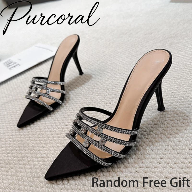 2026 New Women Black Satin Pointed Toe Mules Slides  Rhinestone Crystal Strap Stiletto High Heels Evening Party Slippers
