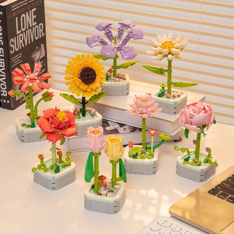 

Children's Assembled Flowers Building Blocks Puzzle DIY Building Blocks Potted Plants Eternal Flowers Birthday Gifts for Plants