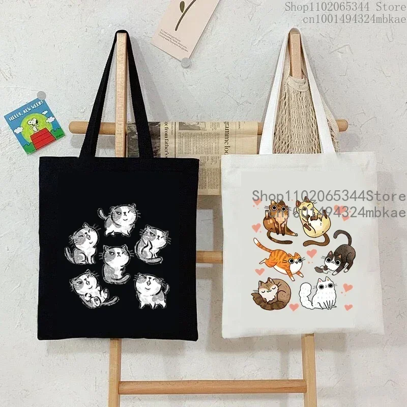 Women Canvas Handbags Funny Cats Print Female Reuseable Shopping Bag Student Cartoon Cute Kitten Tote Bags Woman Shoulder Bag