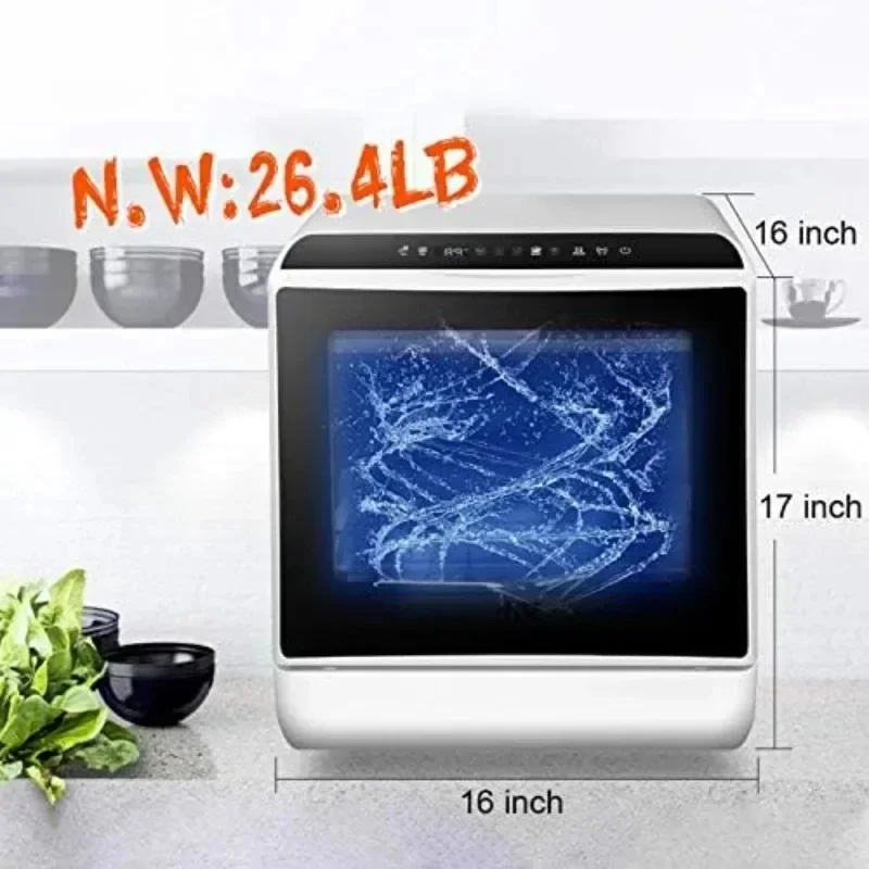 Portable Countertop Dishwasher with 5 Programs 3-Cup Water Tank Fruit/Veg Basket High Temp Air Dry Dish Washer