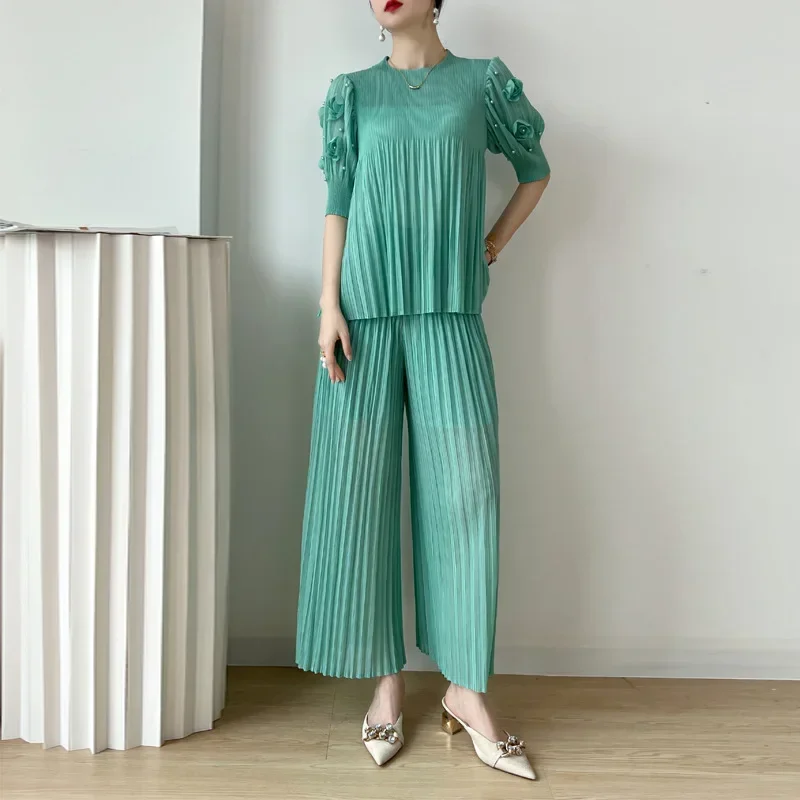 Miyake Pleated Summer 2023 Temperament Two Piece Set Slim Nail Beads Short Sleeve Top Loose Casual Wide Leg Pants Set