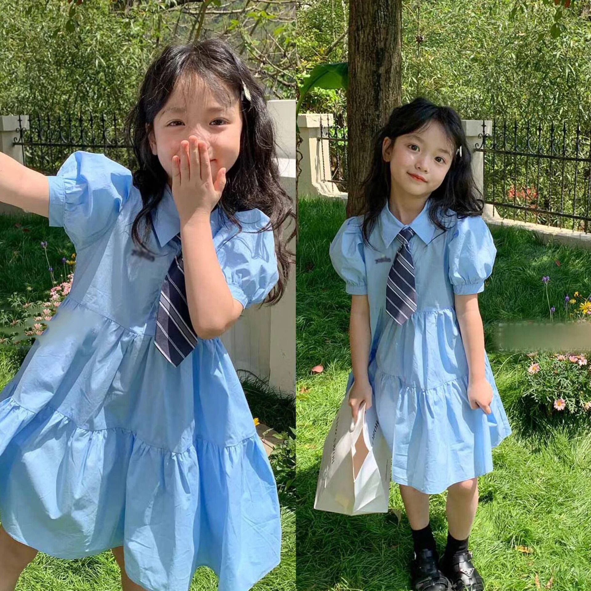 Summer Girls' Dress Academy Style Bubble Short Sleeve Shirt Dress +Tie Fashionable Long Dress Middle School Children Clothing