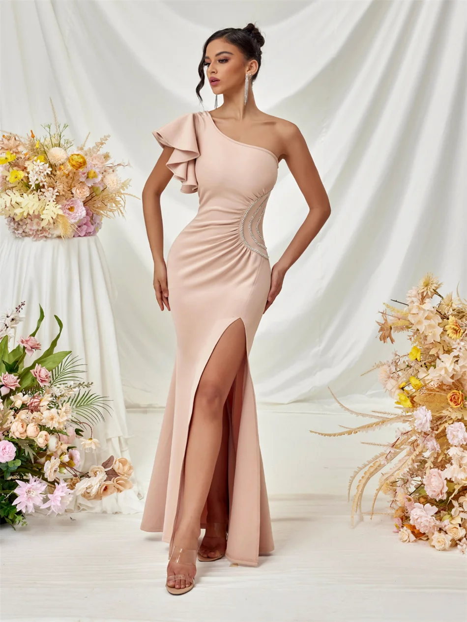 

Elegant One Shoulder Evening Dress Prom Cocktail Floor Length Wedding Guest Ruffle High Slit Party Celebrity Club Night Gowns