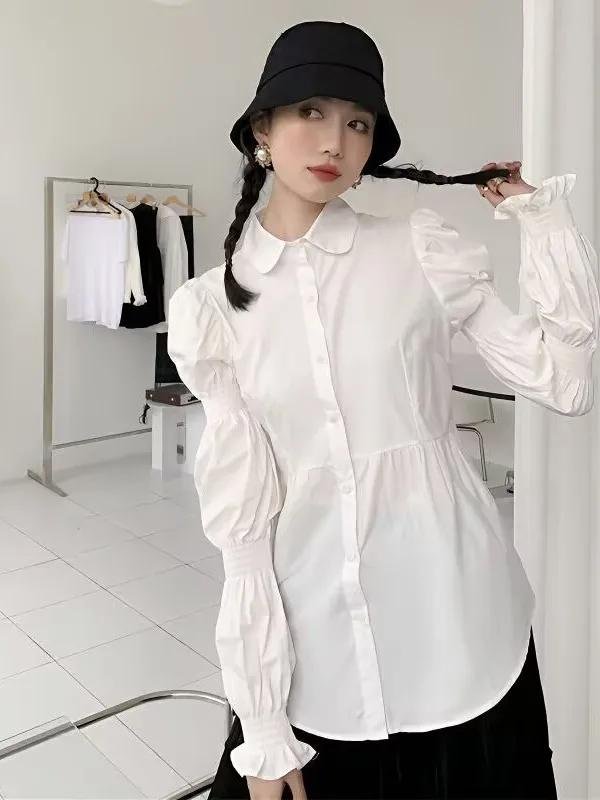 

Spring 2025 Women's Loose Long Sve Bubble Sve irt Pure Color Faionable Versatile Casual irt Hong Kong Sle Design