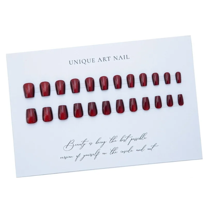 Unhas falsas vermelhas escuras, Cabeça quadrada, Olho de gato, Pressione as unhas falsas, Unhas postiças de Natal, Manicure Simples Acrílico, 24pcs