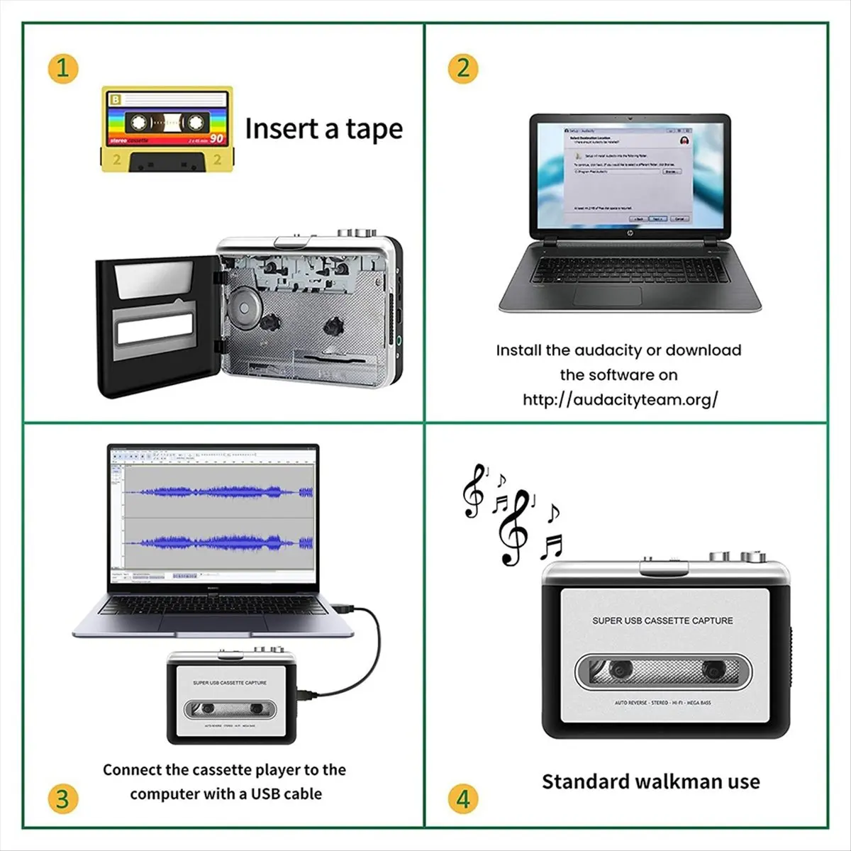 

USB-конвертер кассет в MP3 HowAA87, аудиоплеер с наушниками