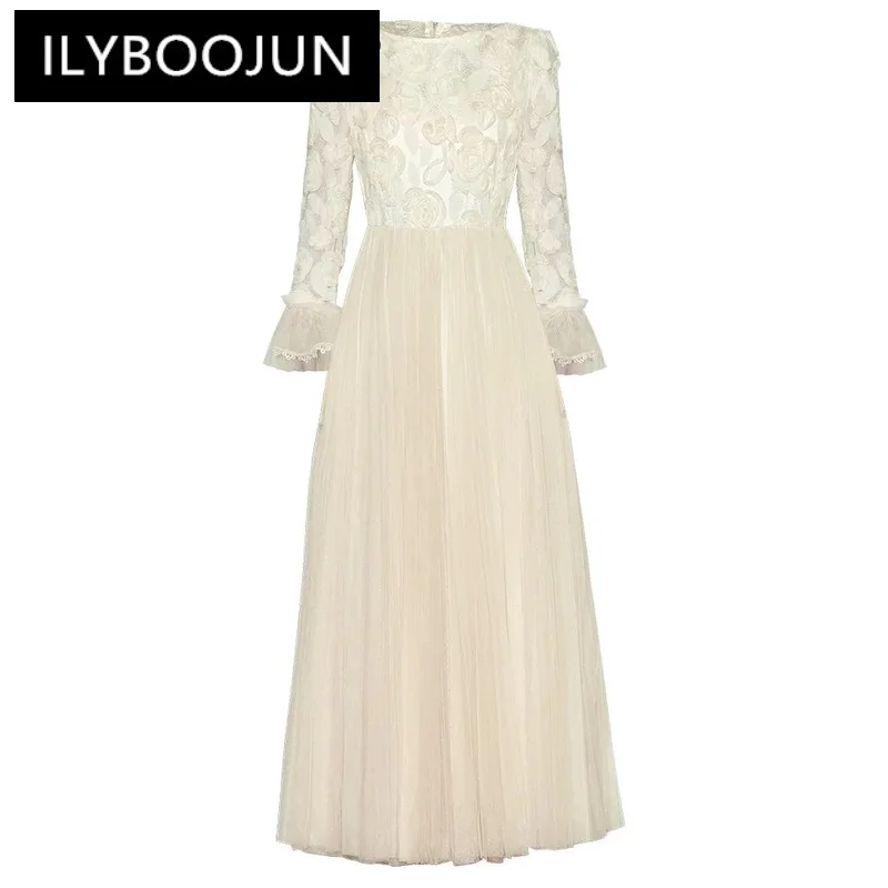 

ILYBOOJUN Summer Fashion Designer High Quality Women Dress Elegant Flowers Embroidery Appliques Net Yarn Tassel Long Dresses