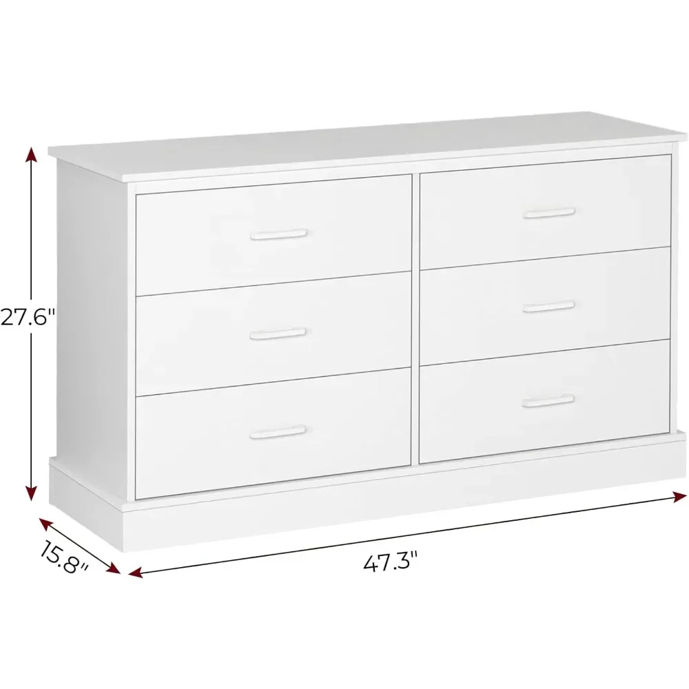 Wide Chest of 6 Drawers, Large Storage Cabinet，White 6 Drawer Double Dresser for Bedroom, Wood Storage Tower Clothes Organizer