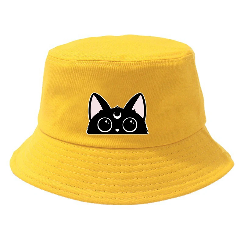 Fashion Men Women Big Eyes Cat Printing Bucket Hat Children Girl Boy Black Cartoon Bob Hats Unisex Harajuku Fisherman Caps YP207