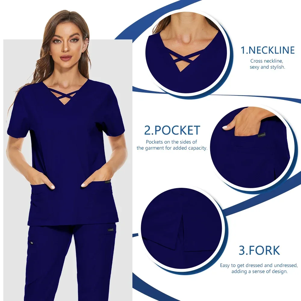 Women Nurse Uniform with Pocket Beauty Salon Work Uniforms Short-sleeved Health Services Work Wear Medical Scrubs