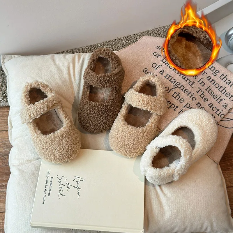 

Winter New Children Flat Shoes Fur Cover Toe Light Warm Kids Casual Shoe 2025 Plush Warm Non-slip Leisure Comfy Boys Girls Shoe