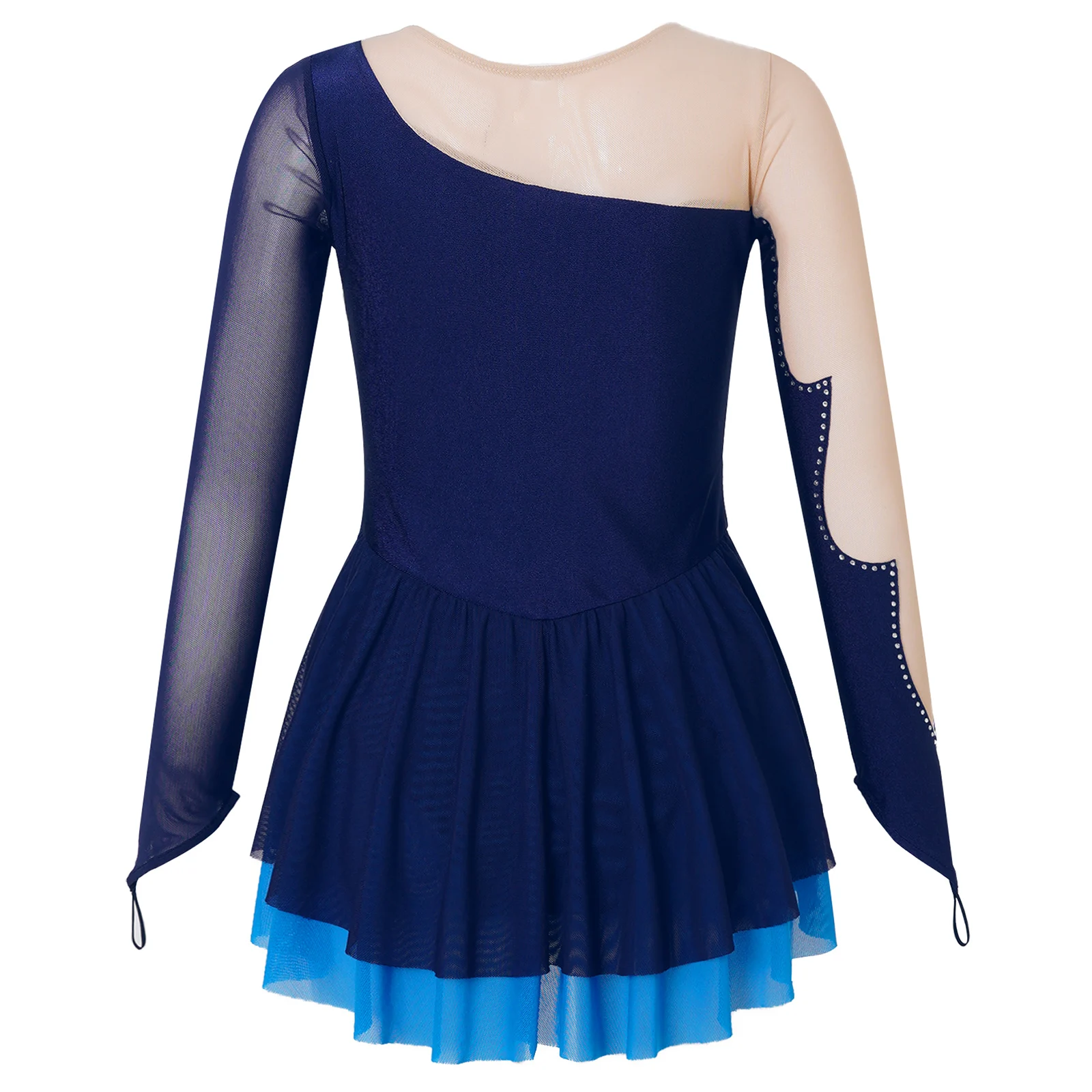 Kinder Mädchen Langarm Mesh Spleiß Eis Skating Ballett Kleid Farb block Strass Trikots moderne zeitgenössische lyrische Kleid