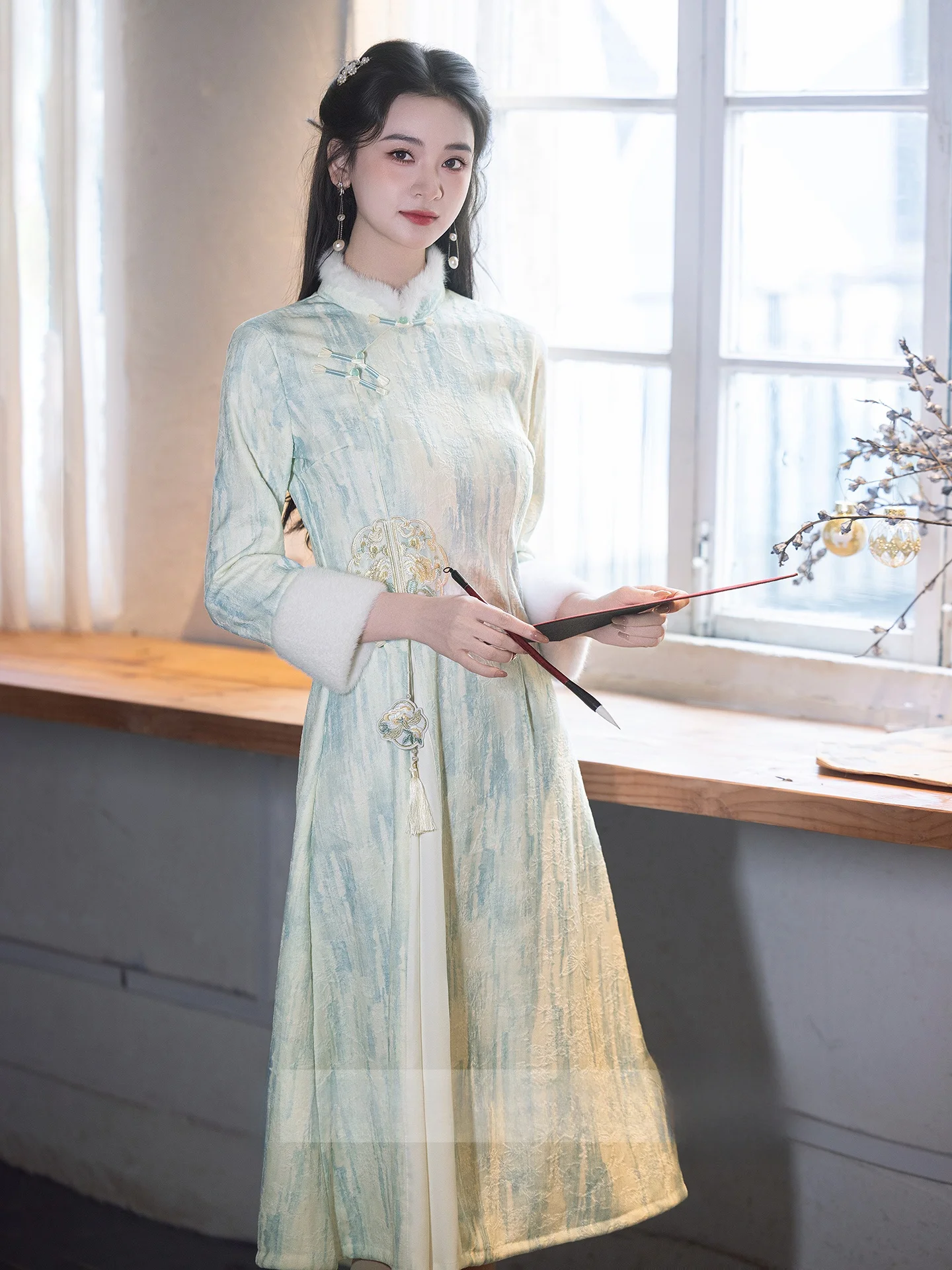 

Thiened Fce Winter New Sle Qipao Dr National Sle Tea Costume Small Size Midi Length Floral Patterned Long Sve