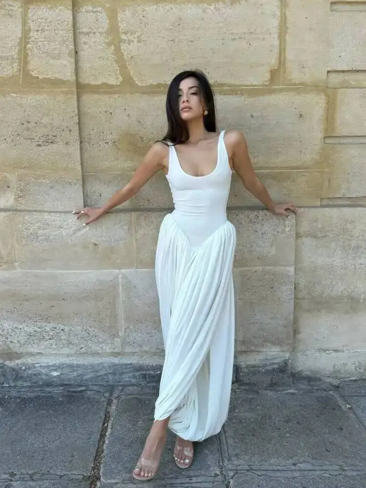 Vestidos sin mangas de cintura alta con tirantes divididos para mujer, vestido Midi plisado Irregular blanco elegante con cuello en U, batas Highstreet LM6V