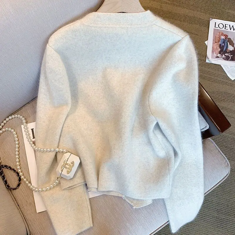 V-neck Knitting Cardigan Coat Women Autumn Winter Simplicity Solid Color Loose Sweater Ladies Casual Office Lady Knitwear Tops