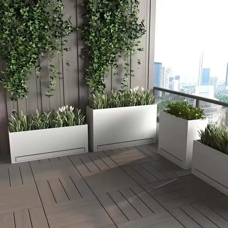 

H159 Modern White Planter Box with Hidden Water Catcher Tray Self Watering Flower Pot for Balcony Garden