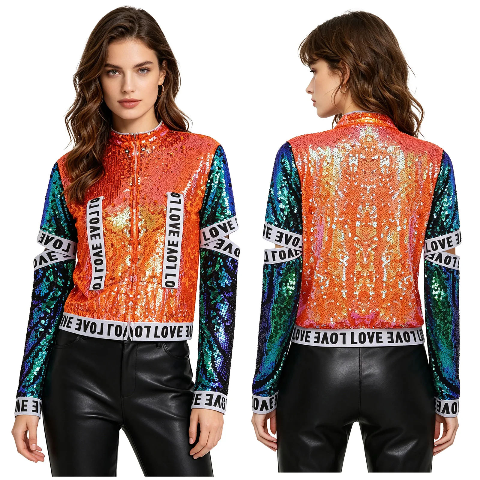 

Womens Glittery Sequins Jazz Hip Hop Dance Baseball Jackets Cutout Long Sleeve Zipper Fully Lining Coat for Rave Party Stage