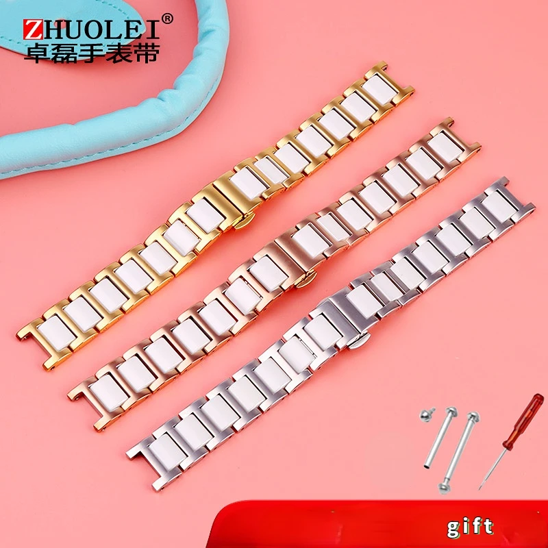 Notch ceramic Stainless steel watchband For Casio Rossini Folli Follie Wrist band women rose gold strap 14 16 18mm lady bracelet