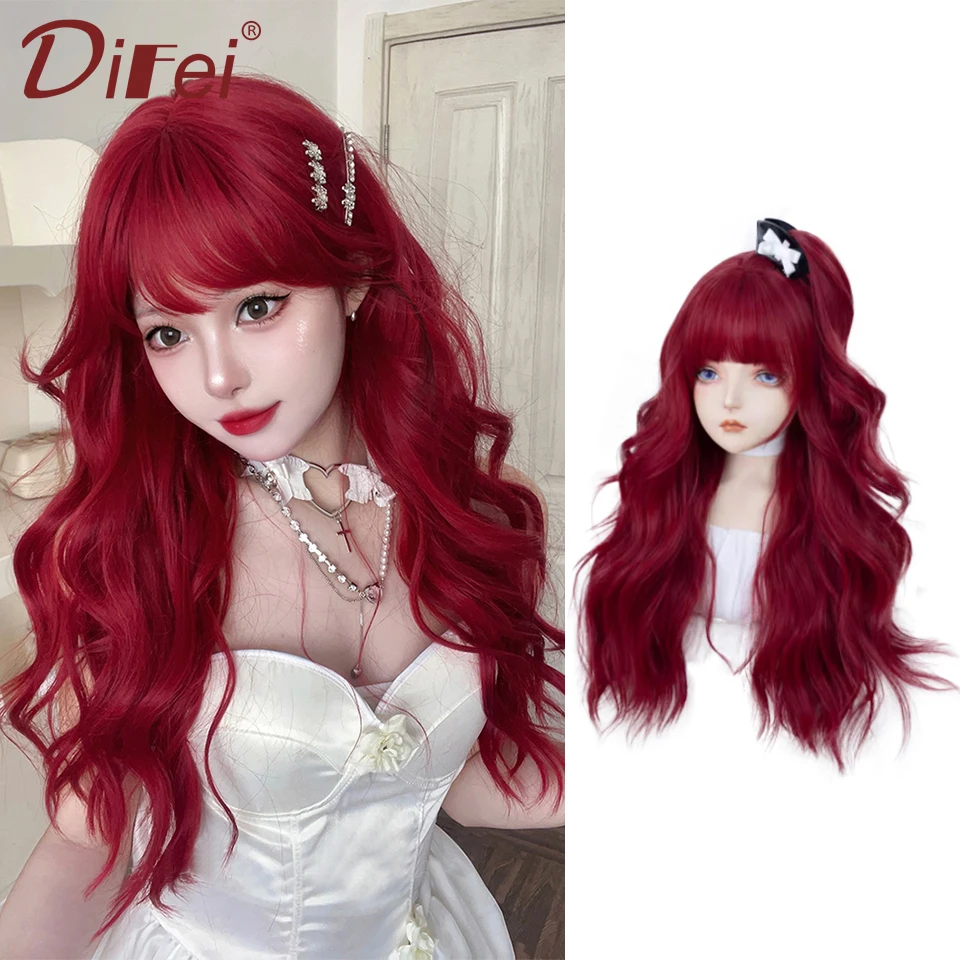 

DIFEI Synthetic Wig Female Long Hair Natural Sweet Cool Jk Cute Lolita Straight Bang Red Long Curly Hair Full Head Cover