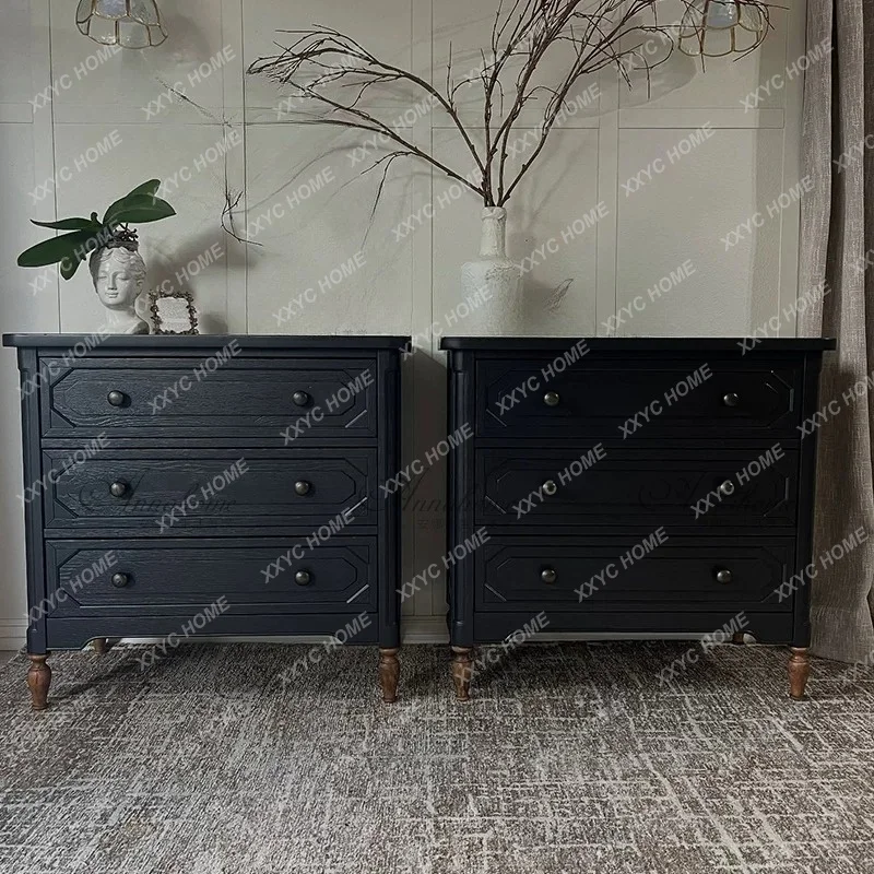 Black Three Drawer Nightstand  Vintage Solid Wood Bedside Cabinet Bedroom Storage
