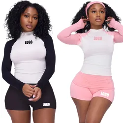 Custom LOGO 2025 Women's spring and summer headband long sleeved T-shirt high waisted shorts casual sports cycling two-piece set