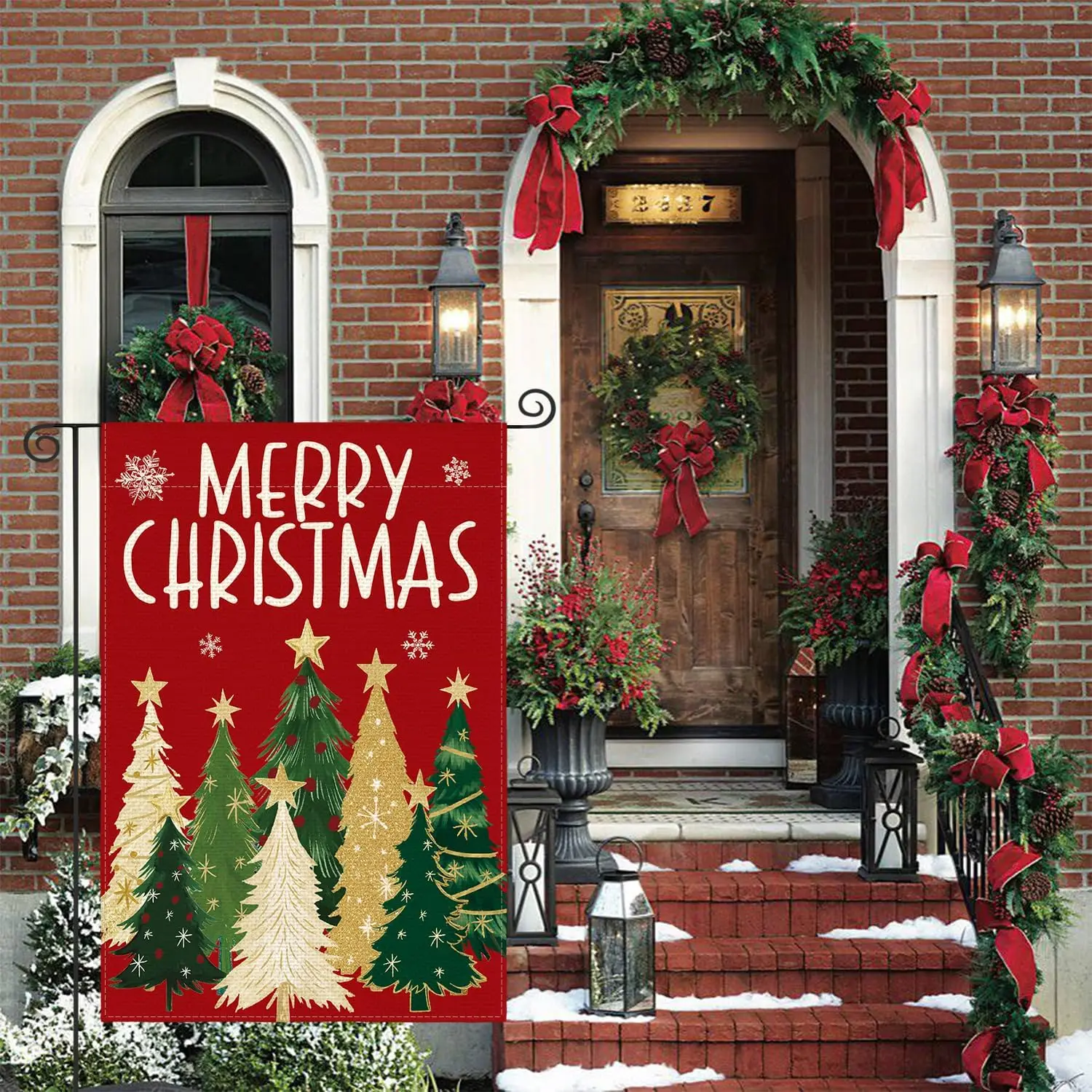AVOIN colorlife Merry Christmas Garden Flag 12x18 Inch Double Sided Outside, Christmas Trees Winter Holiday Yard Outdoor Fla PPZ
