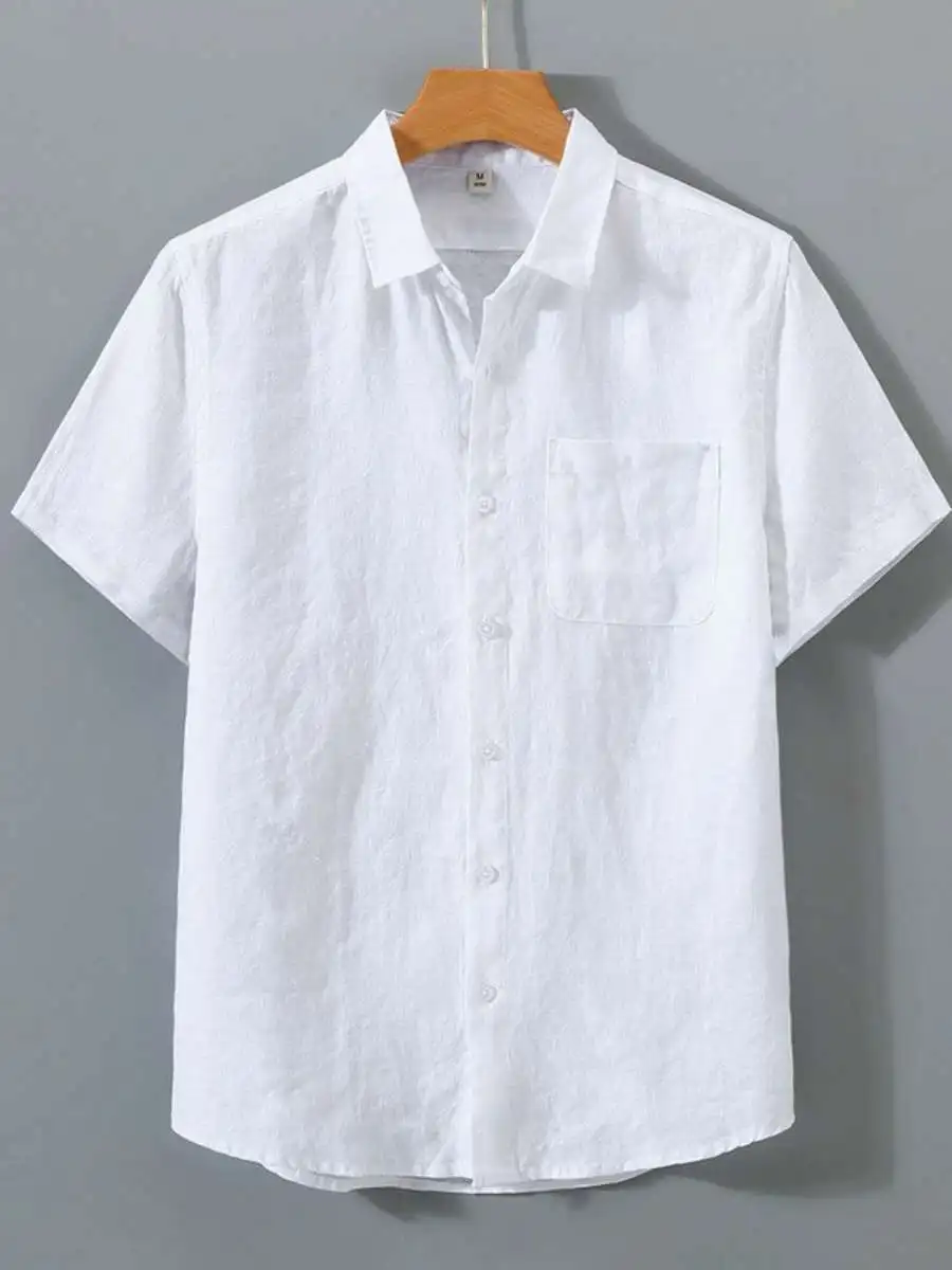 New Summer Men's Casual Cotton Shirt Loose Fit Short Sleeve Pure Color Youth Fashion Pockets Square Collar Lightweight