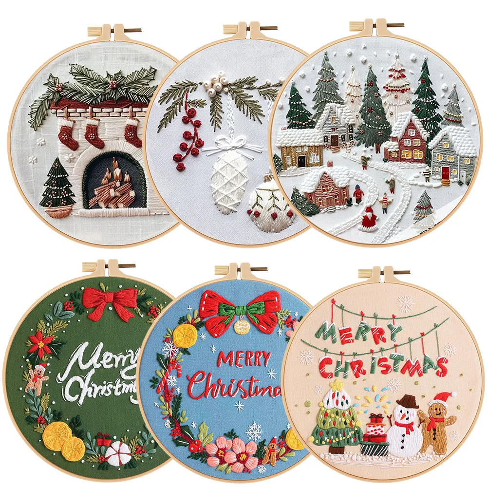 

3/6 pc Christmas Embroidery Kits Home Decoration Stamped Embroidery Starter Cross Stitch Kits DIY Sewing Practice,1pc Hoop