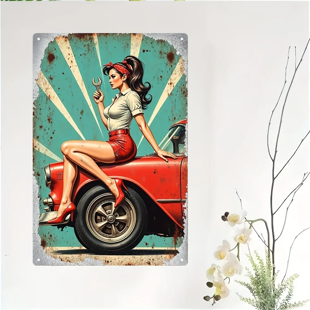Vintage Pin Up Woman Garage Metal Sign Iron 8x12 Inch Retro Wall Decor Plaque Tin Plate For Man Cave