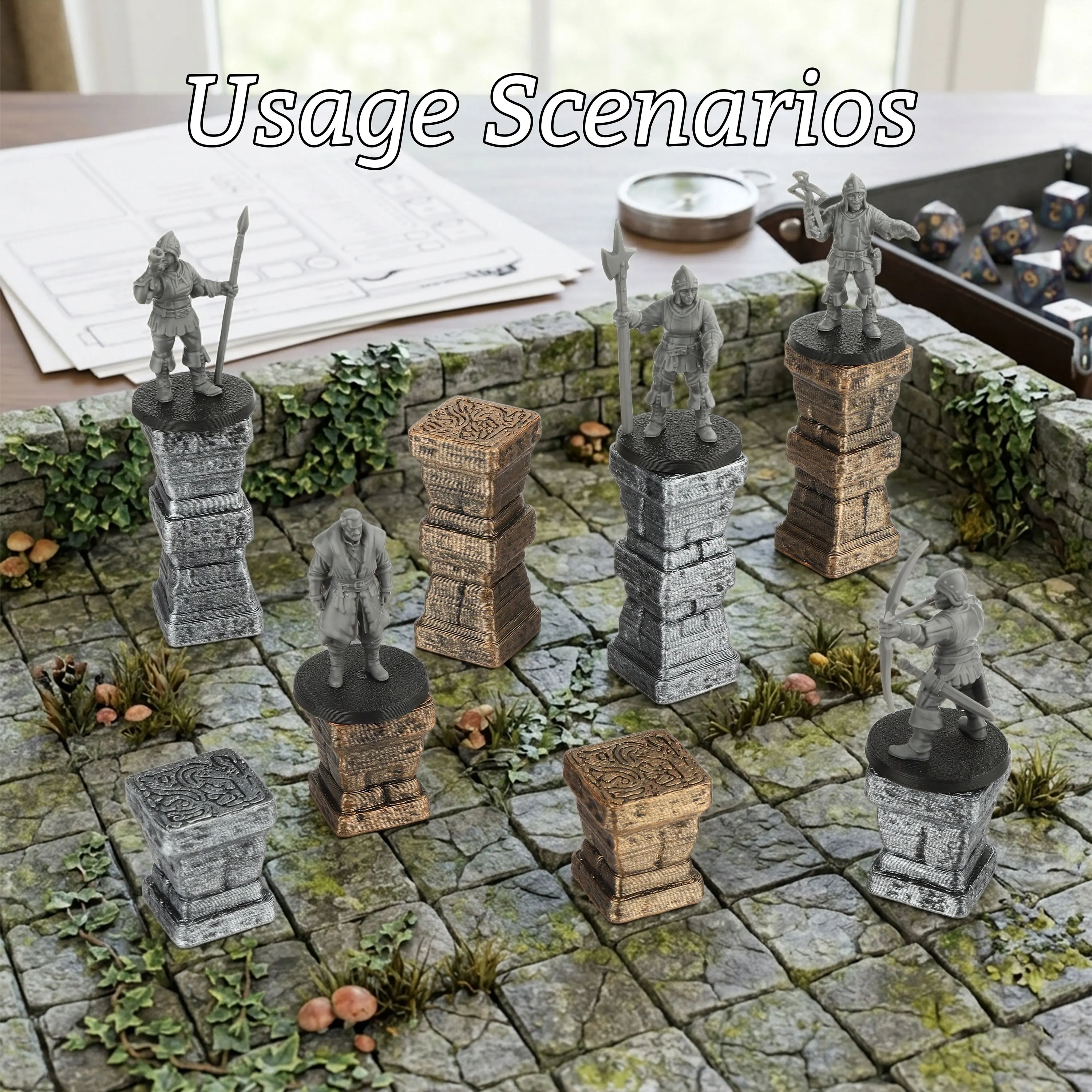 Stone Pillar Stand Miniature Set - 25mm 1:64 Scale Columns, TTRPG Terrain Accessory, Perfect for Ancient Ruins & Dungeon Scenes